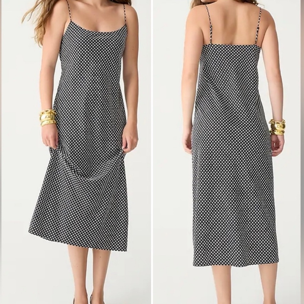 J. Crew Gwyneth Luster Charmeuse Polka Dot Midi Slip Dress Black‎ White Size 2